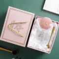 Coffret cadeau rose tasse en verre avec couvercle et cuillère pour café bureau et cadeaux. - Couvercle Diamant + Cuillère + Boîte Cadeau / Rose