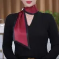 Elegant long silk scarf for women, slim summer neckerchief with rhinestone buckle. - Black Edge Burgundy