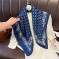 Blue and white geometric pattern square scarf, detailed view showcasing stylish neck scarf wrap. - RY-49