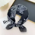 Black white paisley silk square scarf detail, elegant fashion neckerchief accessory. - Black Four-Leaf Dart Paisley