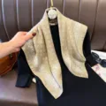Khaki geometric imitation silk square scarf, elegant neckerchief and stylish fashion shawl. - RY-47