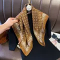 Brown geometric print silk scarf luxury square shawl elegant neckerchief fashion accessory. - RY-46