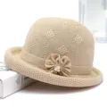 Femme beige chapeau en tricot seau chapeau élégant nœud perle décor chapeau melon - M (56-58cm) / Beige
