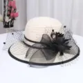 Femme ete elegant chapeau de soleil dentelle filet plage chapeau noeud floral chapeau - M (56-58cm) / Beige Bord Noir