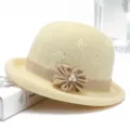 Spring knitted bucket hat for women, casual solid color hollow out bowknot cloche hat. - M (56-58cm) / Off White