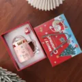 Kerst keramische mok cadeauset met deksel en lepel roze koffiekop voor feestdagen - 401-500ml / Roze met kerstcadeaudoos