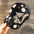Black sequin baseball cap with rhinestone fox and flower embellishments, stylish summer sun hat. - Fox-Black
