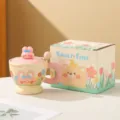Süße Hasen Keramik Tasse mit Deckel und Löffel, kreative Kaffeebecher Geschenkbox. - 400ml / Süßes Kaninchen Stil (Mit Deckel Löffel Geschenkbox)