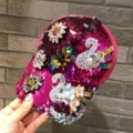 Sparkly pink sequin baseball cap for women with crystal swan flower patches stylish sun hat - Swan - Rose Red