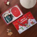 Christmas gift ceramic mug set with heating coaster spoon and festive gift bag for holiday. - Green Mug with Warmer Pad & Christmas Gift Box