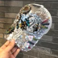 Silver sequin baseball cap with crystal rhinestones and swan appliques for women. - Swan - Silver
