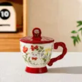 Schöne Keramik Kaffeetasse mit Deckel, handbemaltes Katzen- und Blumenmuster für Büro und Zuhause. - 301-400ml / Blumenkatze / Rot
