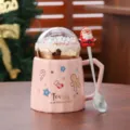 Roze kerst keramische mok met koepeldeksel en kerstman lepel, schattige feestwaterbeker. - 401-500ml / Roze