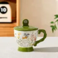 Keramik Kaffeetasse mit Deckel und niedlichem Cartoon Cartoon Hase design für Heimbüro Geschenk - 301-400ml / Blumen-Häschen / Grün