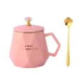 Rosa Keramik Kaffeetasse mit Deckel und Goldlöffel, geometrisches Design Tassen Variante. - Tasse + Kronendeckel + Kirschblütenlöffel + Geschenkbox / Rosa
