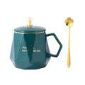 Dunkelgrüne Keramik Kaffeetasse mit Deckel und goldenem Löffel, elegantes Geschenk für Sie. - Tasse + Kronendeckel + Kirschblütenlöffel + Geschenkbox / Grün