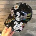 Black sequin baseball cap with sparkling rhinestone swan and flower designs for women, stylish. - Swan-Black