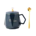 Keramik Kaffeetasse mit Diamantdeckel und goldenem Löffel, kreative elegante Geschenkbecher. - Tasse + Kronendeckel + Kirschblütenlöffel + Geschenkbox / Dunkelblau