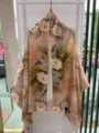 Detail view of traditional Chinese floral print silk scarf, elegant botanical shawl accessory. - Style-20