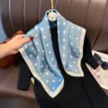 Blue and white polka dot silk scarf detail shot, elegant lightweight square scarf for women. - RY-29