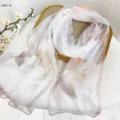 Elegant Women White Floral Print Silk Scarf Summer Lightweight Sunscreen Beach Shawl - RY-07