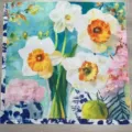 Foulard quadrato in seta floreale con pittura a olio vintage, sciarpa narciso blu 90cm. - YY-3