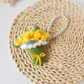 Handmade crochet sunflower bouquet keychain with pearl strap, cute knitted bag charm gift. - Green Finished Product Holding Sunflower