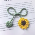 Handmade crochet sunflower bookmark with green stem and heart leaf, cute knit book page marker. - Yellow