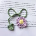 Handmade crochet flower bookmark, cute purple flower with green stem and leaf design. - Purple