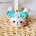 Handmade crochet bunny keychain with cute flower decorations, soft yarn bag charm. - Gradient Blue