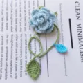 Handmade crochet blue rose bookmark, knitted wool flower page marker for reading gifts. - Light Blue