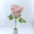 Handcrafted crochet pink rose flower with green stem, elegant handmade knit gift decoration - Sakura Pink