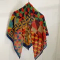 Detailed view of the colorful geometric art print silk scarf, showcasing vibrant cubic pattern. - ZS-4