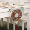 Camino de mesa de Navidad decoración festiva con patrón de corona navideña y borla roja - Estilo Guirnalda