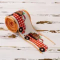 Thanksgiving wired ribbon with plaid truck and pumpkin patterns for autumn harvest gift wrapping. - Thanksgiving Ribbon Style F