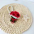 Handmade crochet flower bouquet keychain, cute knitted mini rose bag charm pendant. - Finished Deep Red Carnation