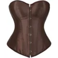 Brown front busk corset detail showing metal hook closures and structured boning design. - Brown