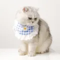 Cute cat bib with blue checkered design and white lace ruffle for pets, stylish pet collar. - Blue Plaid Bibs