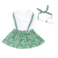 Süßes sommerliches Hunde Kleid Set floral T-Shirt mit Trägerrock süßes Haustier Outfit. - S / Grün (inkl. Kopfschmuck)