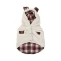 Cozy fleece pet vest with hood and cute ears, warm winter dog cat jacket in classic red plaid. - S / White + Red Plaid