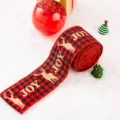 Weihnachts-Jutaband im roten Karomuster mit goldenem JOY-Schriftzug und Rentier. - G JOY Hirsch