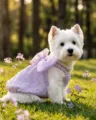 Primo piano dettagliato del grazioso abito per animali in tessuto bolla viola con fiocco. - Taglia S / viola lilla