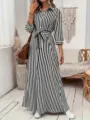 Black and white vertical striped long sleeve shirt dress with belt for women detail view. - S / Black and White Vertical Stripes