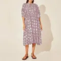 Detailed view of a purple floral V-neck midi dress with puff sleeves and tie string. - S / Purple Red Floral