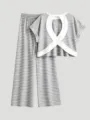 Λεπτομέρεια σετ ριγέ loungewear σε γκρι χρώμα με κοντό τοπ και άνετο φαρδύ παντελόνι. - S / Γκρι Ρίγα