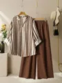 Women casual two-piece set featuring striped V-neck blouse and pleated wide leg pants. - S / Top And Bottom / Brown