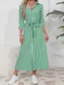 Green white striped shirt dress half sleeve belted maxi vacation beach casual outfit detail - S / Green and White Stripes