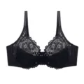 Detailed view of the black lace ultra-thin plus-size bra featuring delicate floral patterns. - 38E/85E / Black