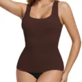 Close-up of the ribbed square neck design, showing textured fabric and slim fit details. - S / Coffee
