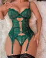 Sexy green lace lingerie bodysuit with garter belts and rhinestone heart details for women. - S / Green
